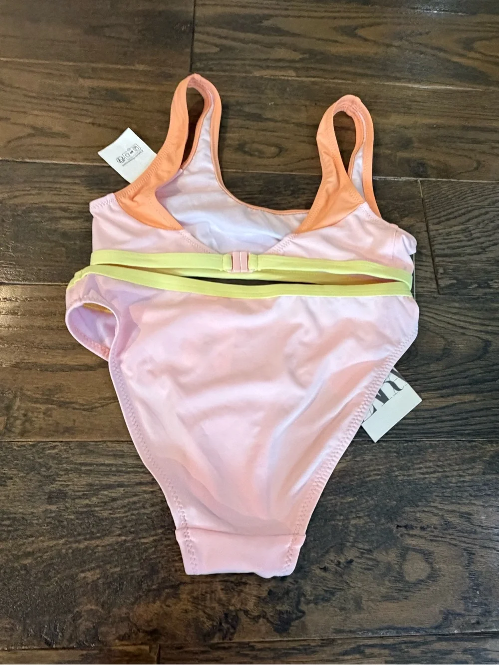 ZARA Girls' Pink & Peach Two-Piece Swimsuit with Yellow Trim NWT